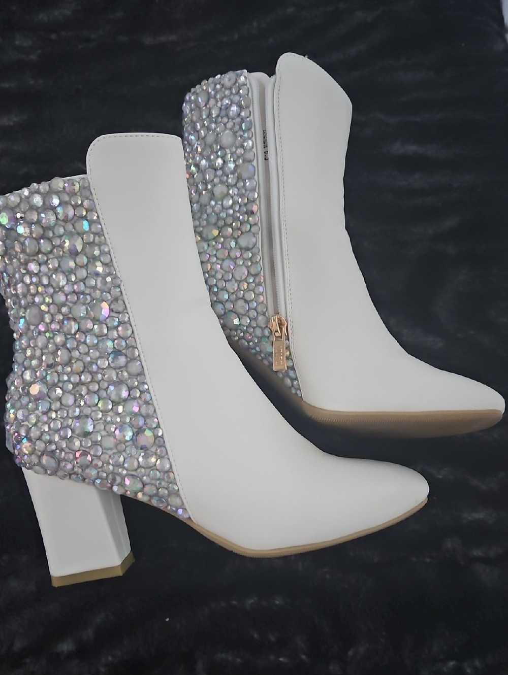 White Crystal-Embellished Block Heel Ankle Boots
